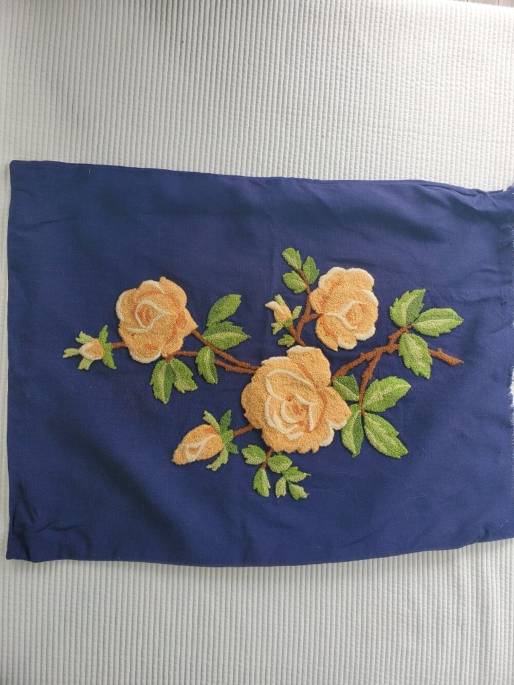 Punch Needle Embroidered Pillowcase Yellow Rose Floral 22"x17" Cottagecore